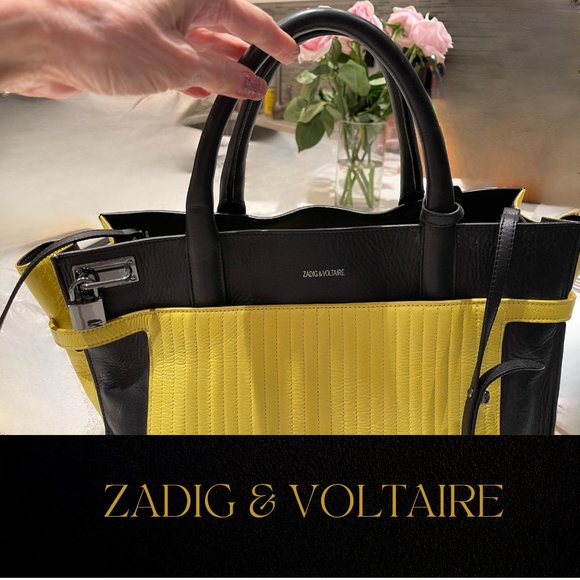 ZADIG & VOLTAIRE LARGE DRAMATIC CANDIDE YELLOW AND BLACK LEATHER TOTE - Picture 2 of 11